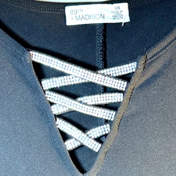 89th & Madison Tops - 89th & Madison Black Sheer Crisscross Rhinestone Top NWT – Size L